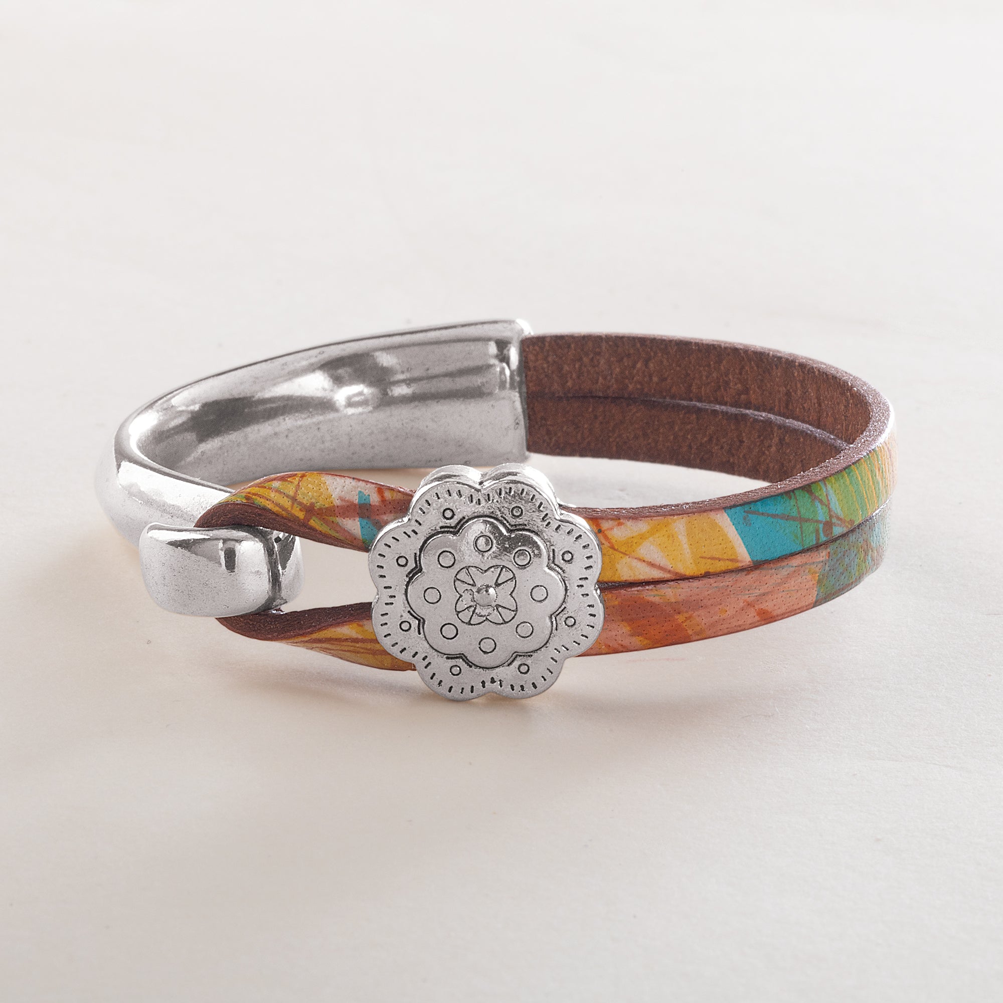 Colored Leather Lock Stackable Bracelet with Concho