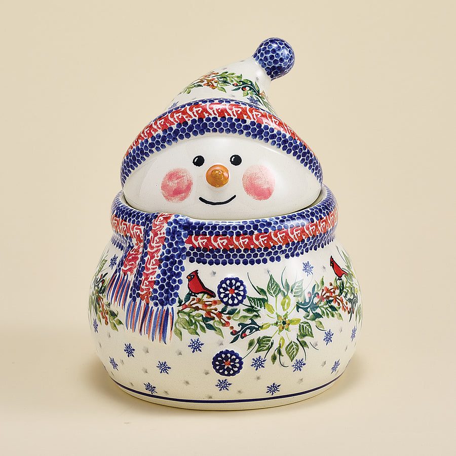 Polish Pottery Winter White Poinsettias Snowman Cookie Jar (Preorder)