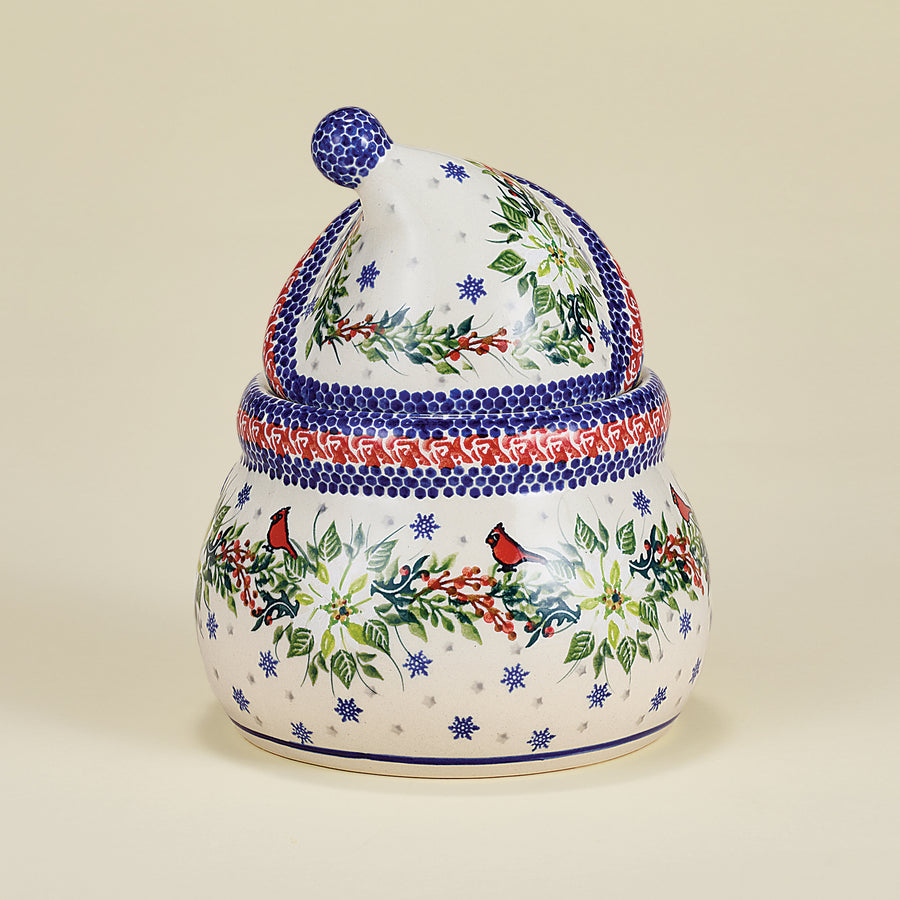 Polish Pottery Winter White Poinsettias Snowman Cookie Jar