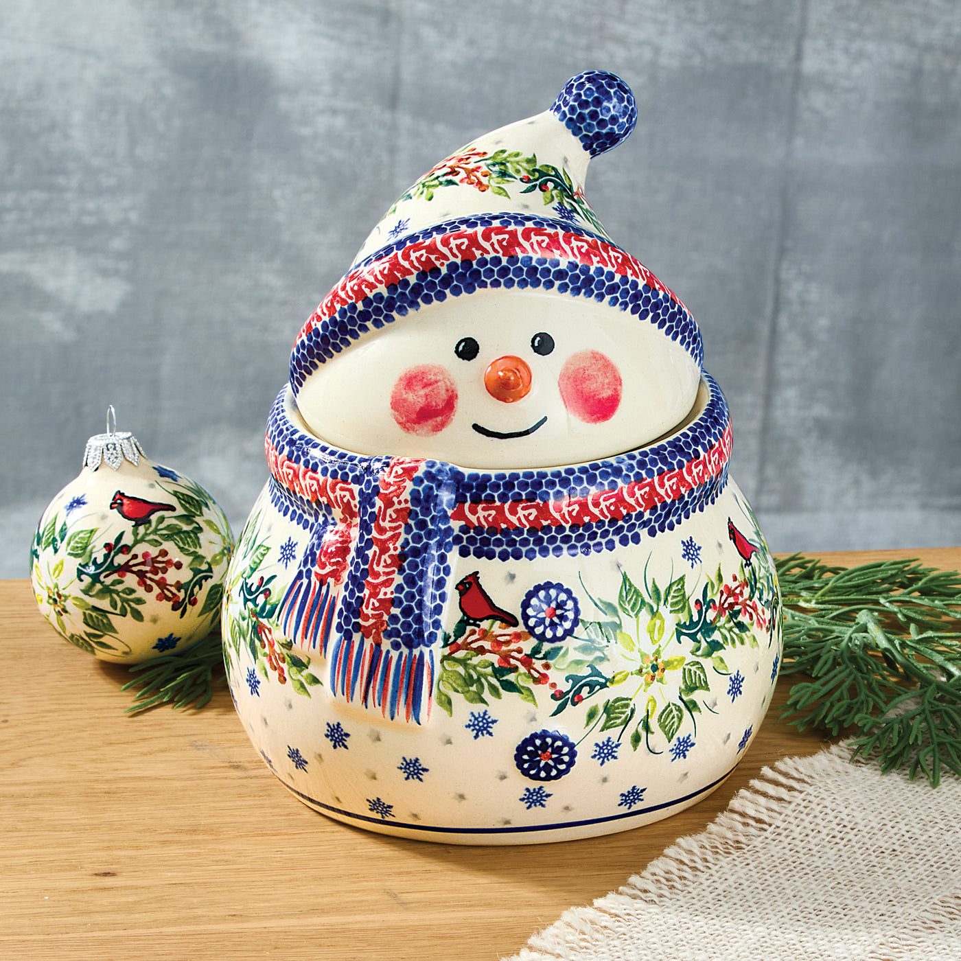 Polish Pottery Winter White Poinsettias Snowman Cookie Jar