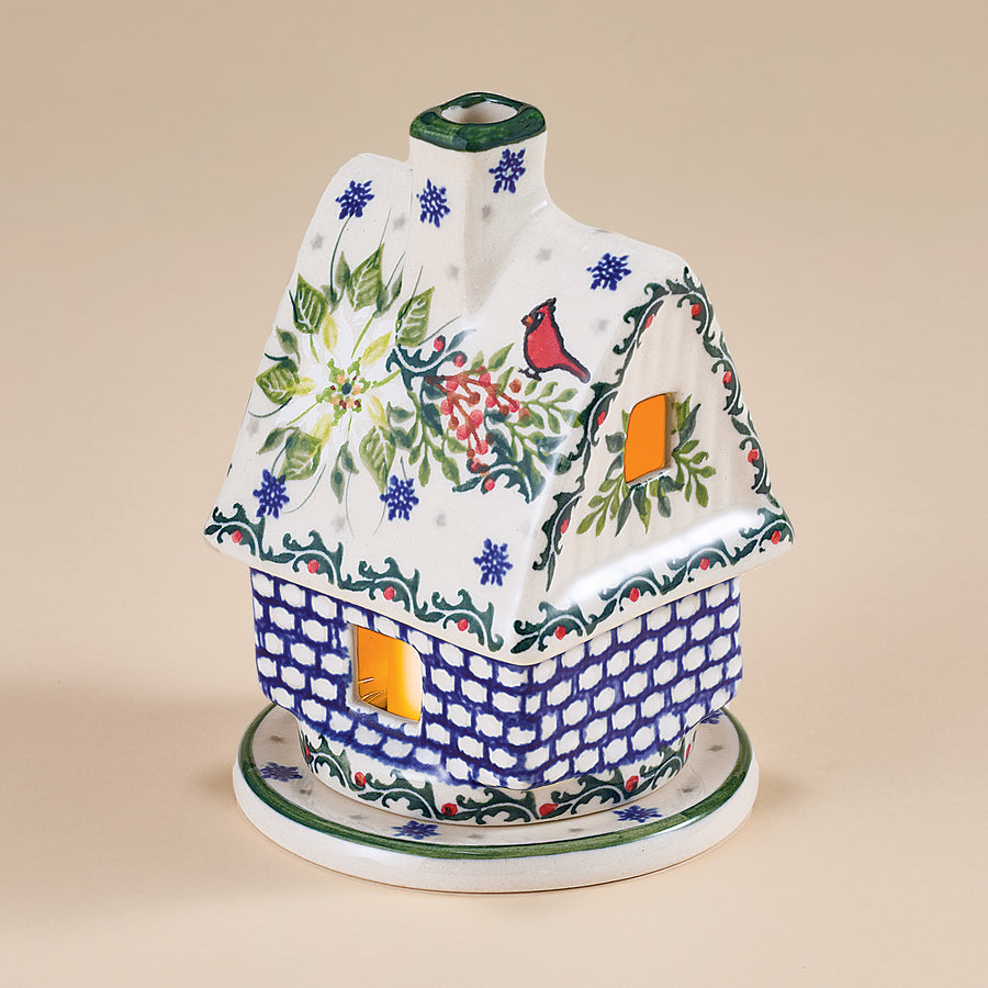 Polish Pottery Winter White Poinsettias House Luminary (Preorder)