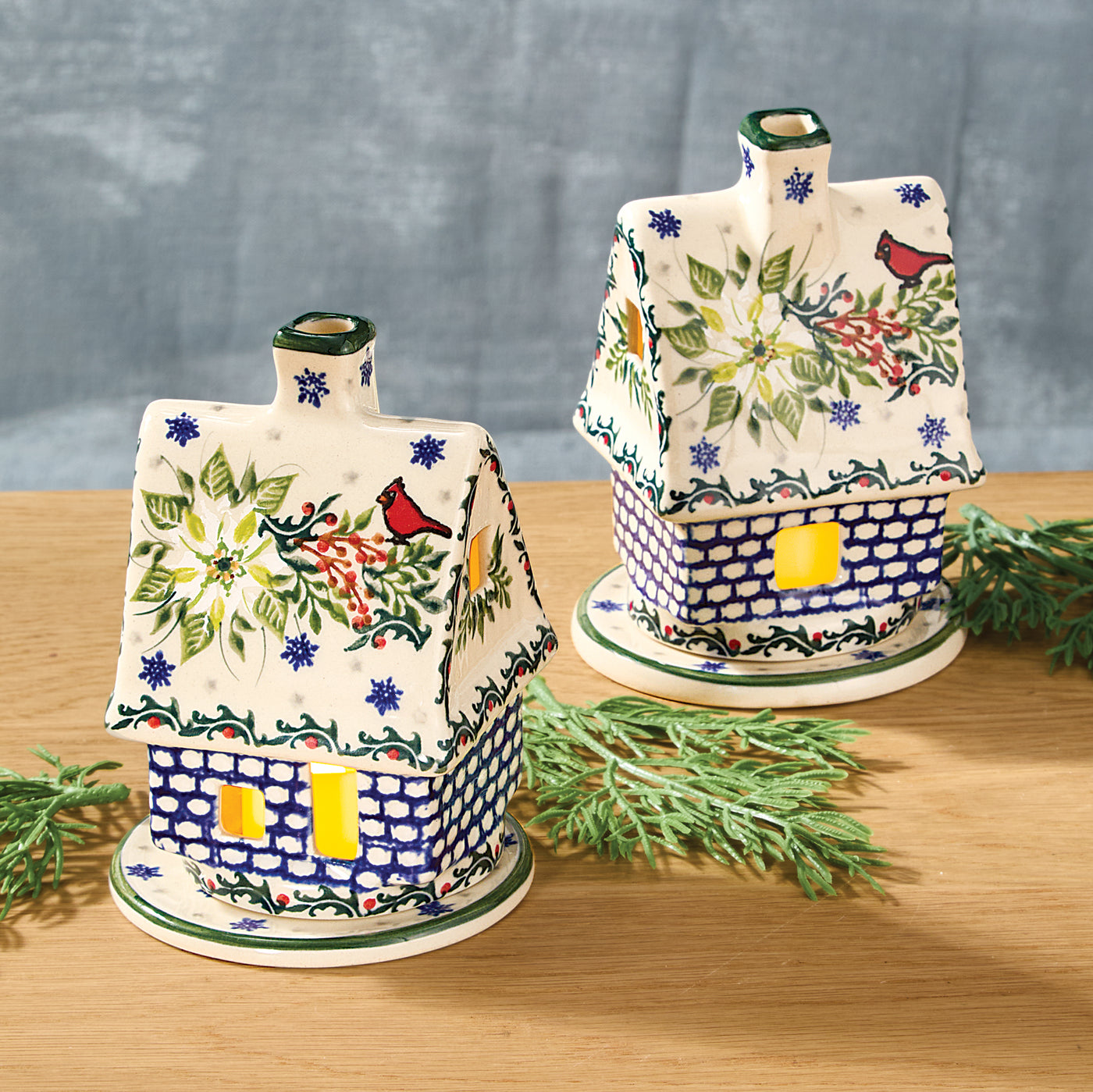 Polish Pottery Winter White Poinsettias House Luminary