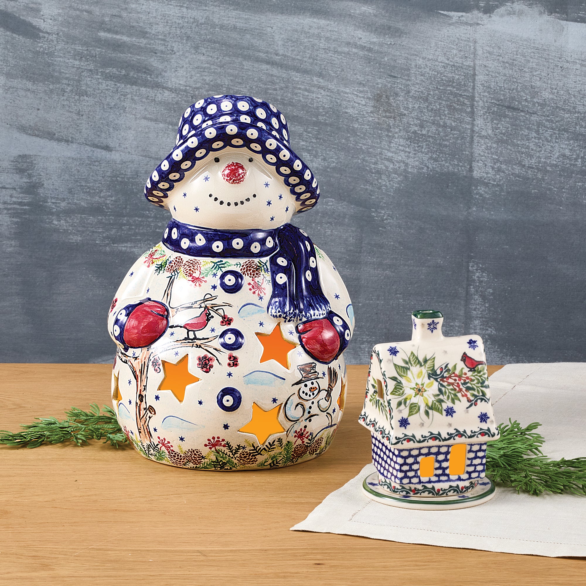 Handmade ceramic serving platter top set snowman design.