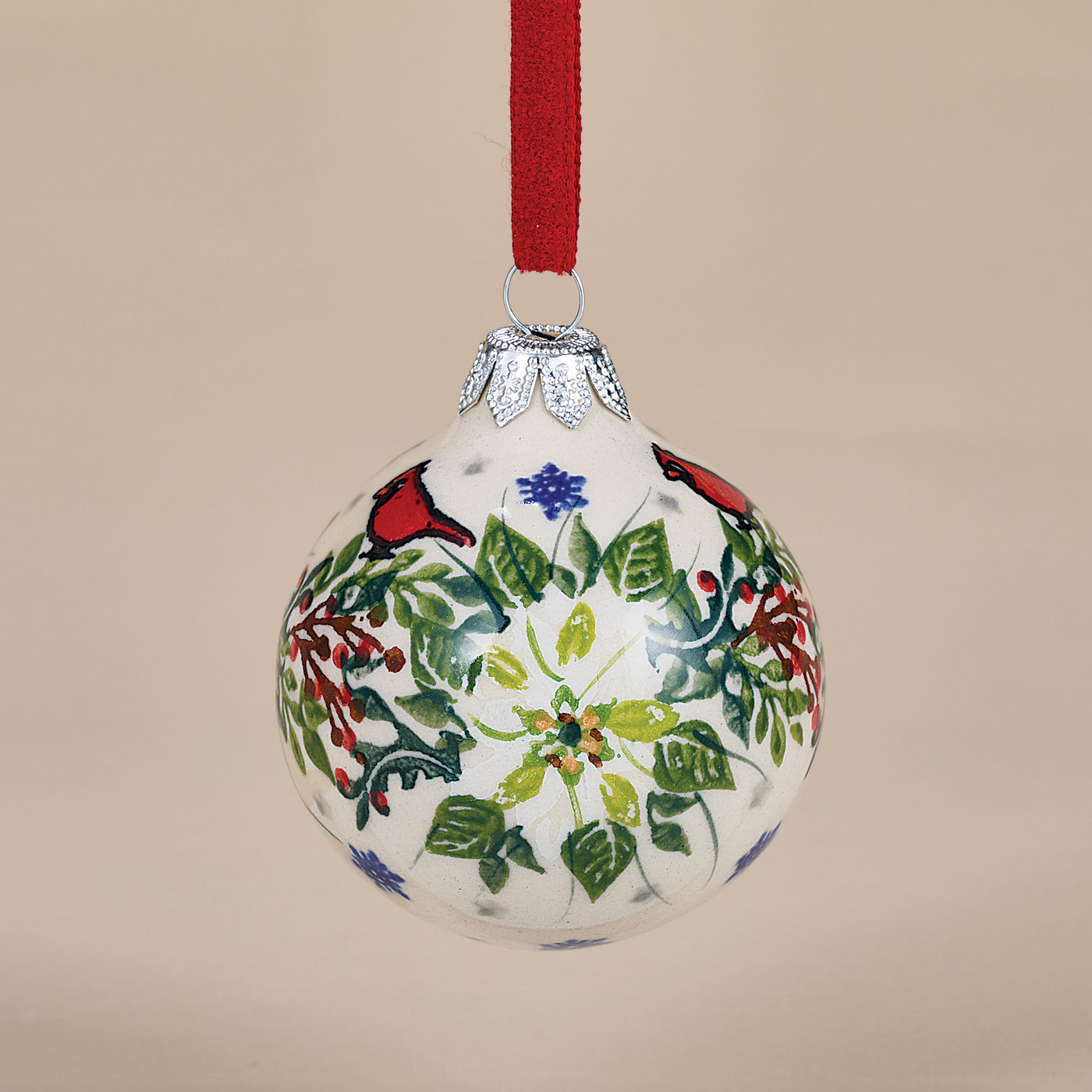 Polish Pottery Winter White Poinsettias Round Ornament