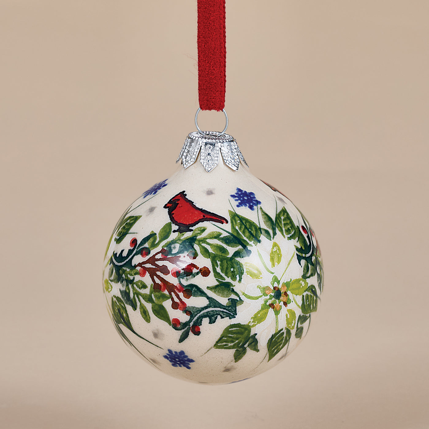 Polish Pottery Winter White Poinsettias Round Ornament