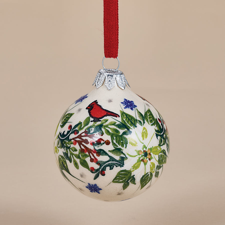 Polish Pottery Winter White Poinsettias Round Ornament (Preorder)