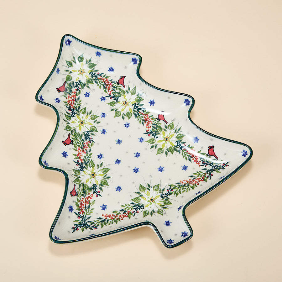 Polish Pottery Winter White Poinsettias Tree Platter