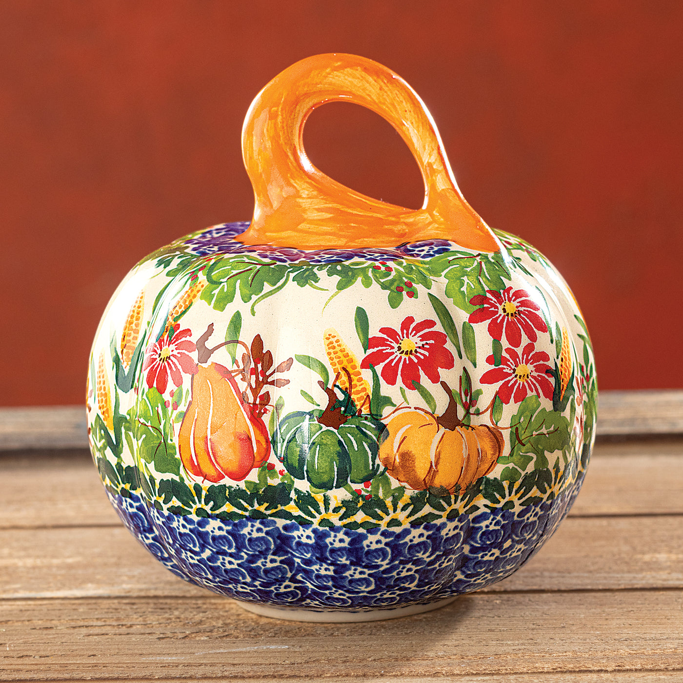 Polish Pottery Autumn Splendor Stemmed Pumpkin