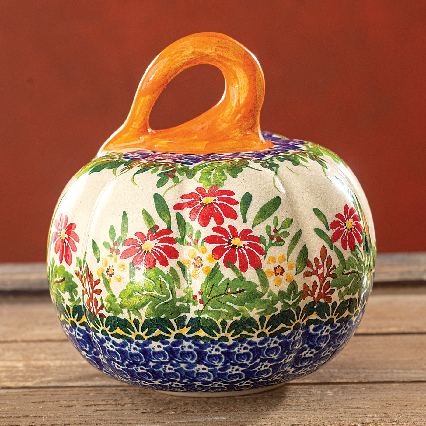 Polish Pottery Autumn Splendor Stemmed Pumpkin