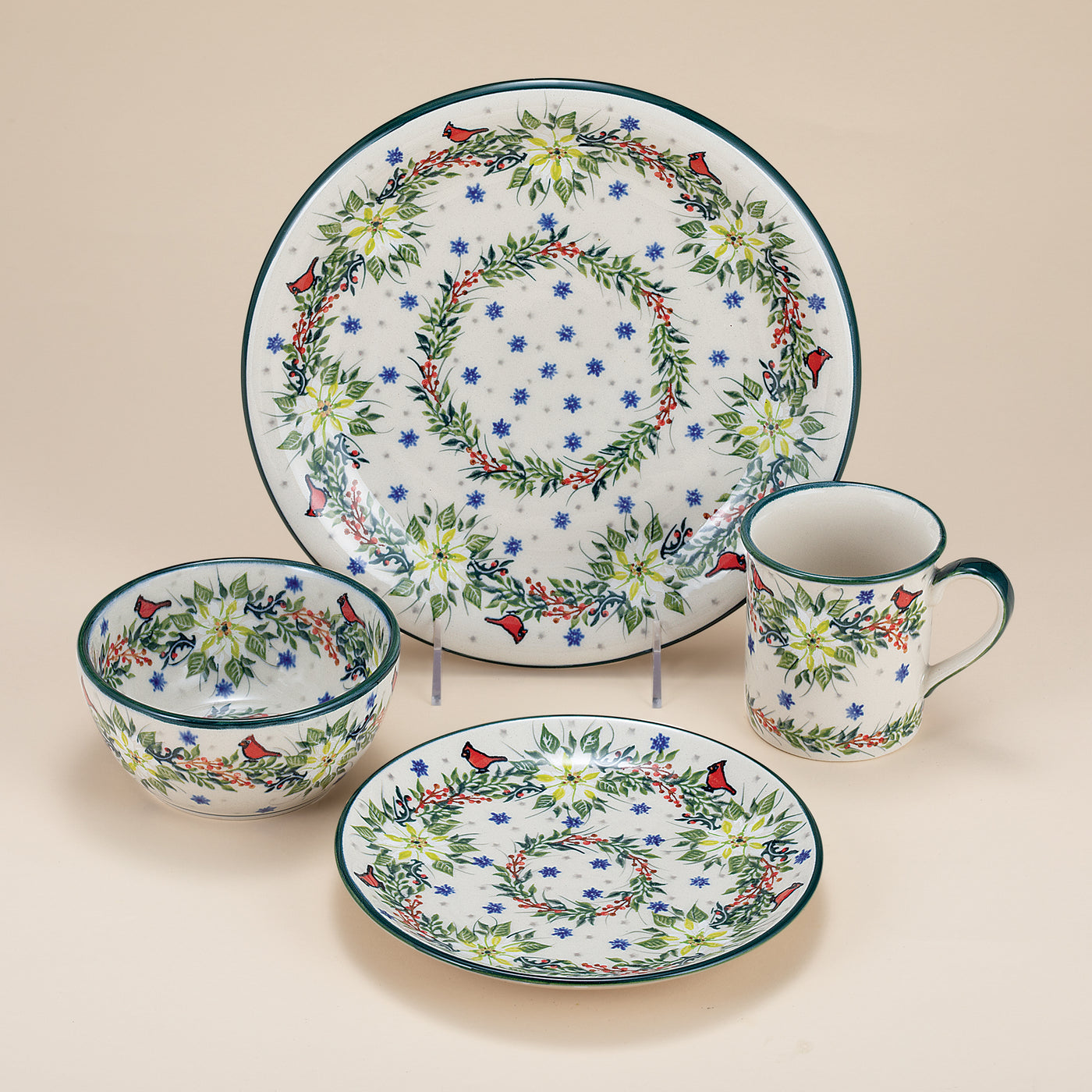 Polish Pottery Winter White Poinsettias 4 Piece Dinnerware Set (Preorder)