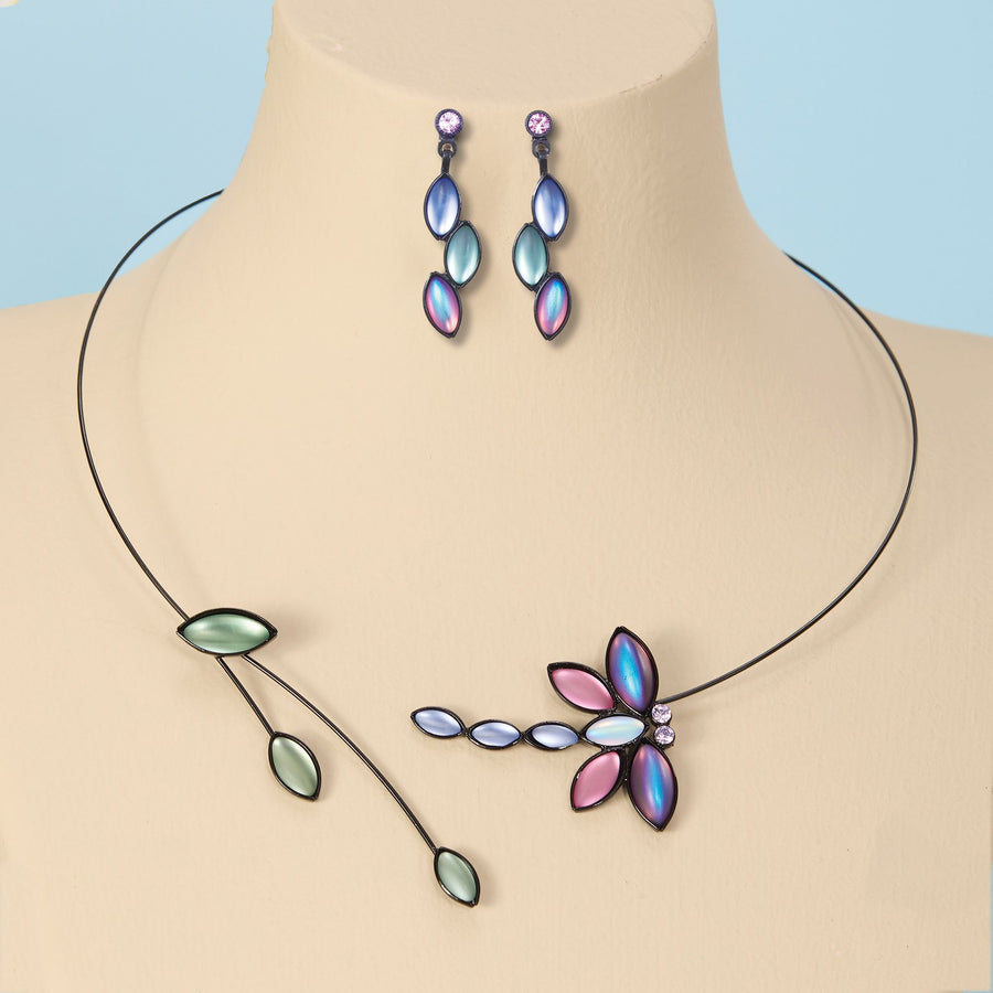 Czech Glass Leaves & Dragonfly Pastel Necklace & Earrings Set