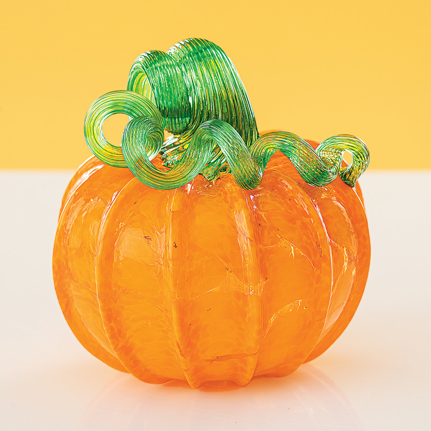 Hand-Blown Glass Green Stemmed Orange Pumpkin