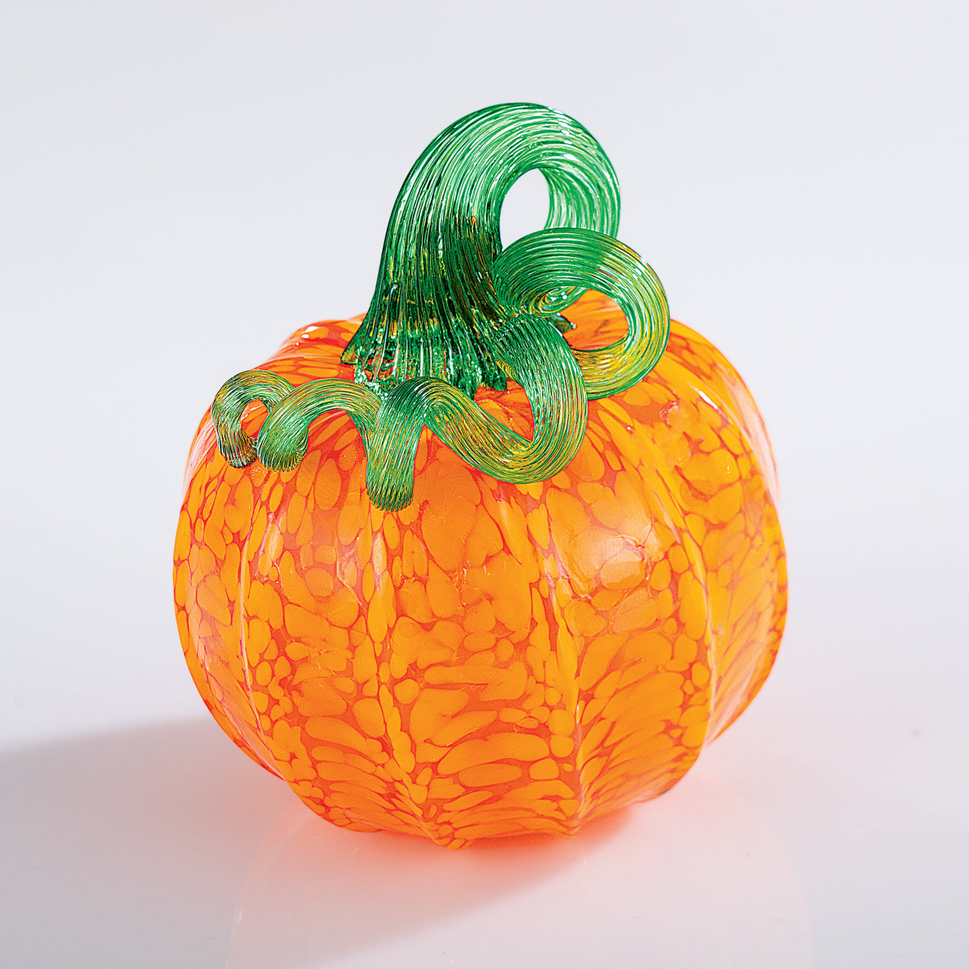 Hand-Blown Glass Green Stemmed Orange Pumpkin