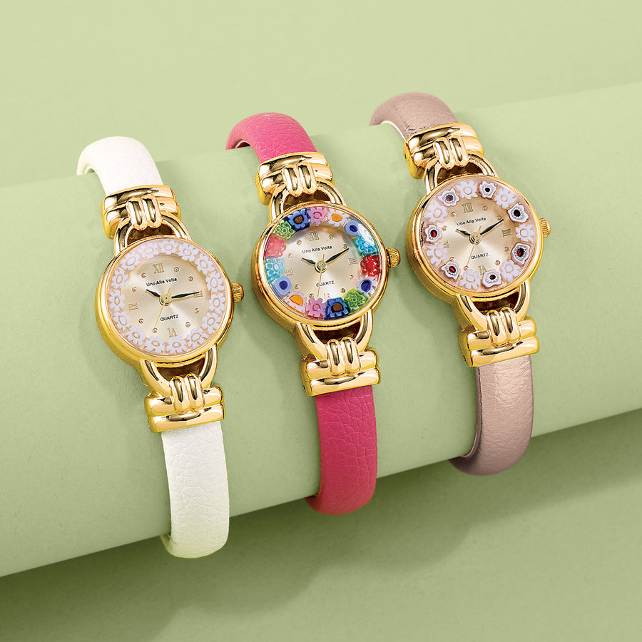 Murano Glass White Millefiori Rose Gold Cuff Watch (Preorder)