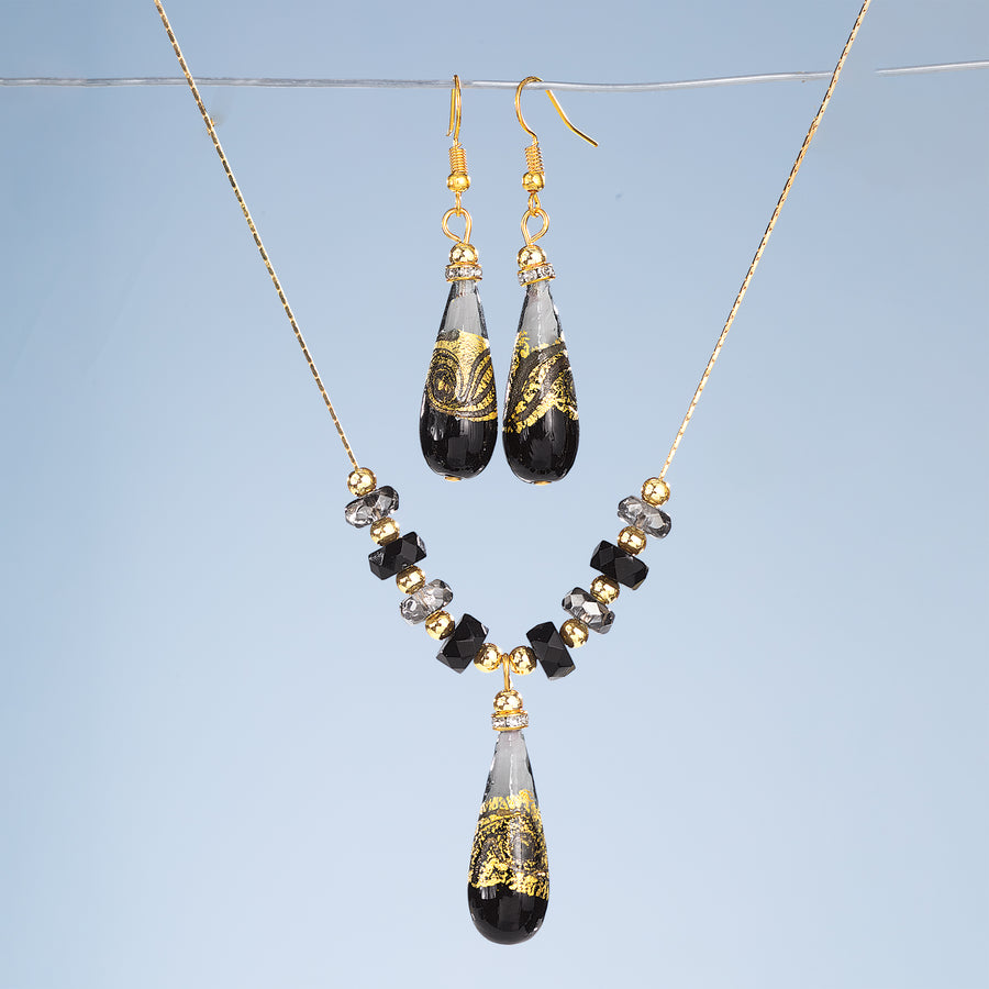 Murano Glass Black Regal Raindrop Necklace & Earrings Set