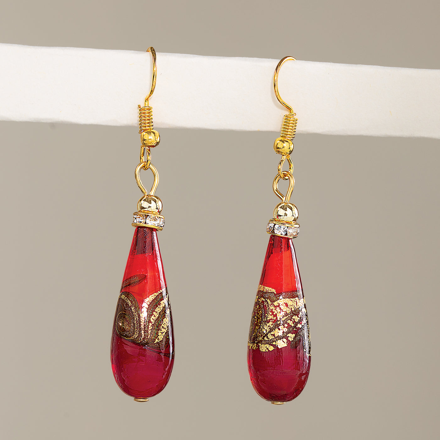 Shimmering Ruby Murano Glass Teardrop Earrings