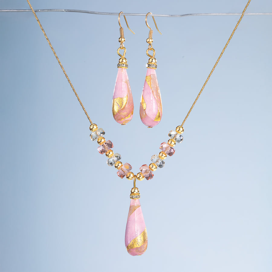 Murano Glass Pink Regal Raindrop Necklace & Earrings Set