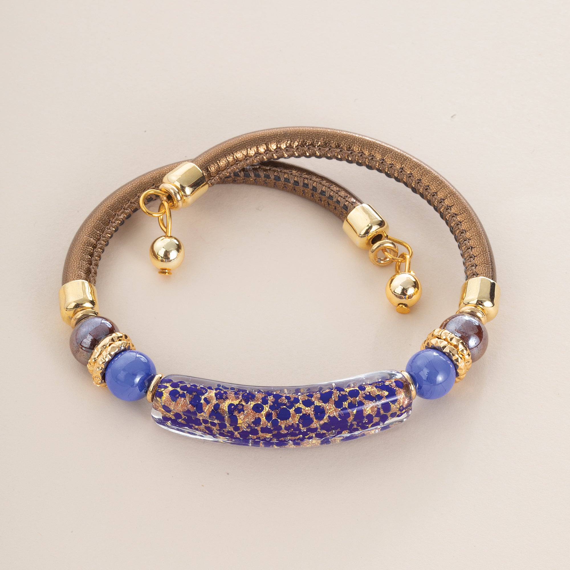 Murano Glass Beyond The Curve Cobalt & Bronze Leather Bracelet