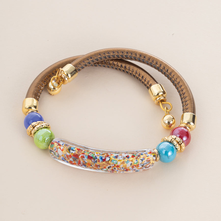 Murano Glass Beyond The Curve Rainbow & Bronze Leather Bracelet