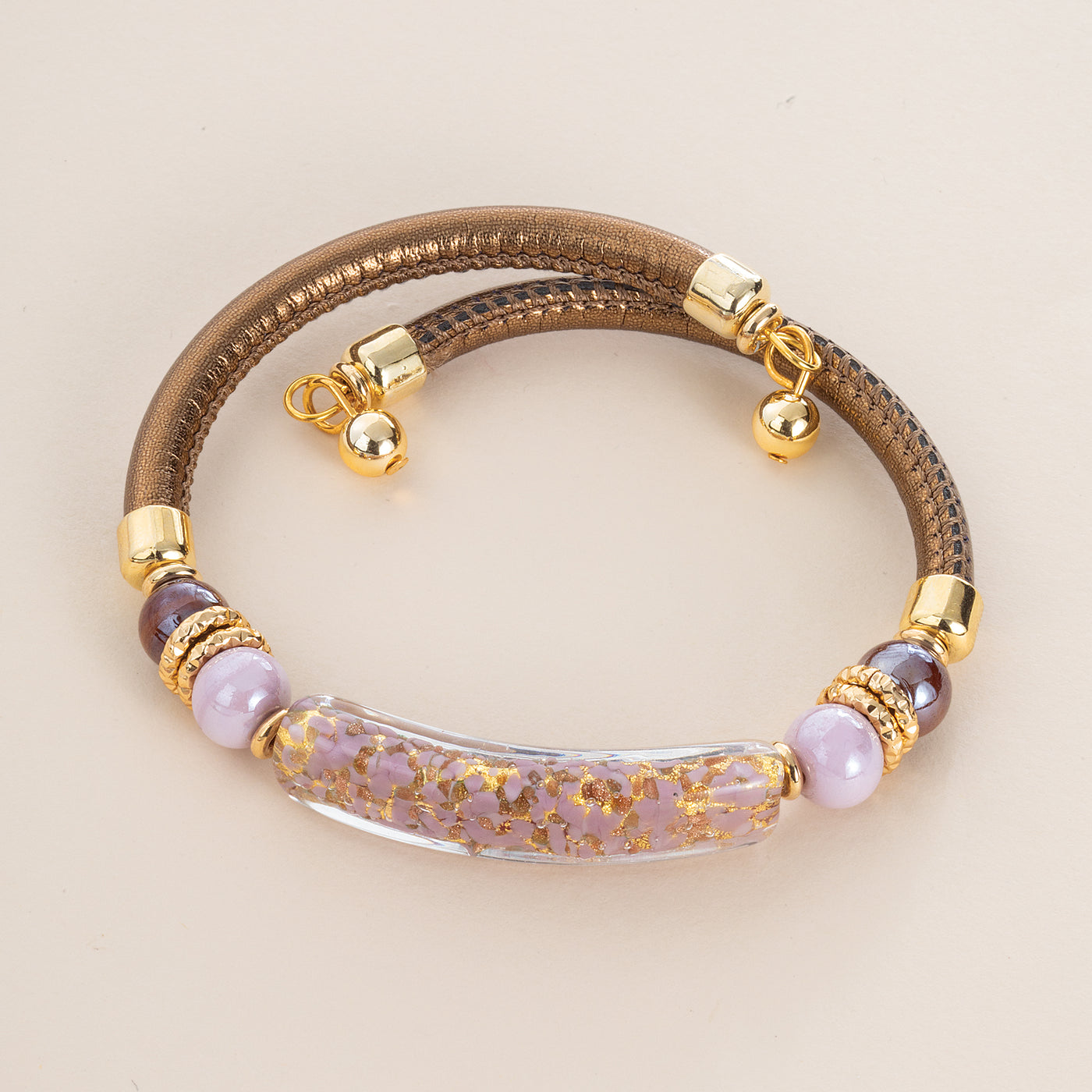 Murano Glass Beyond The Curve Pink & Bronze Leather Bracelet