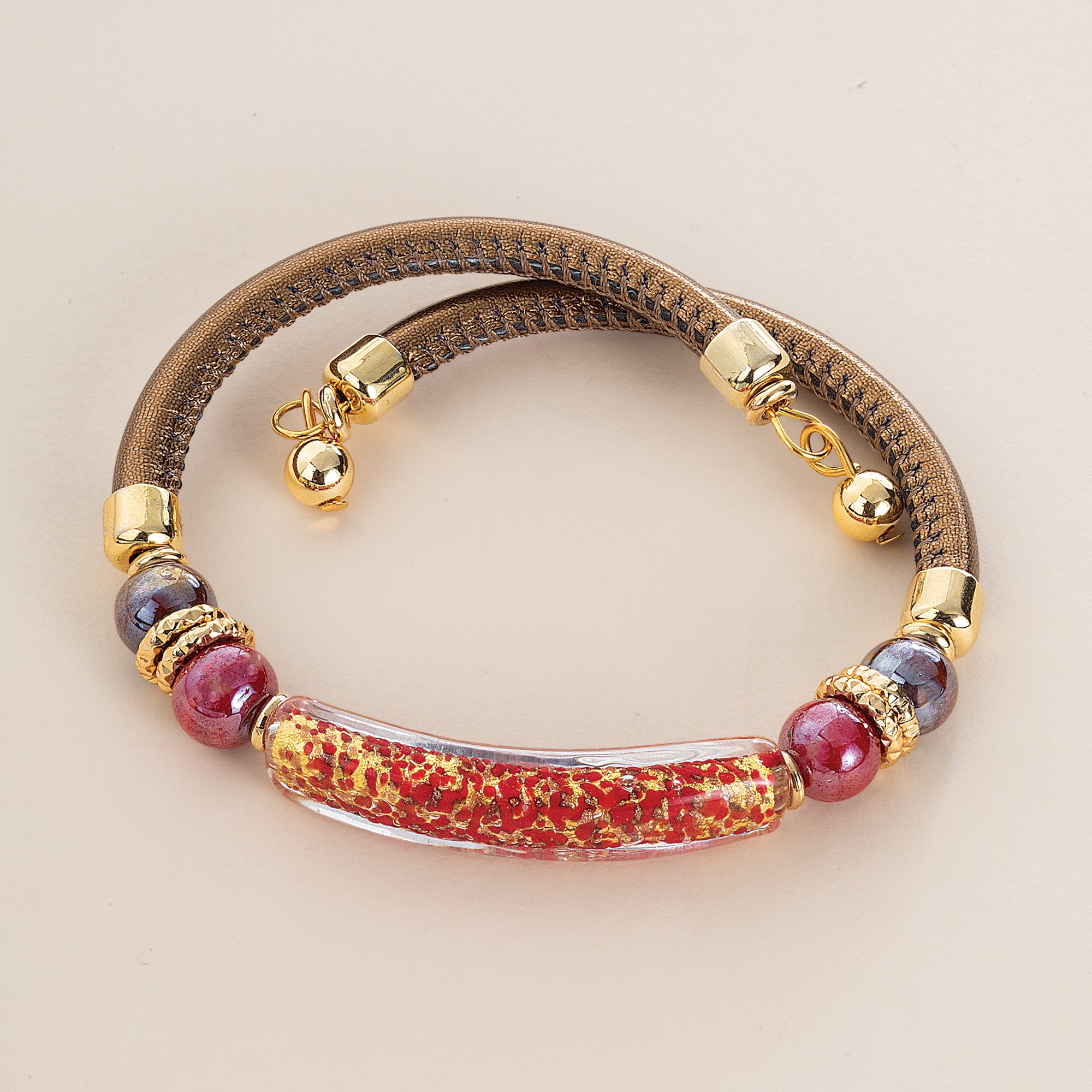 Murano Glass Beyond The Curve Ruby & Bronze Leather Bracelet