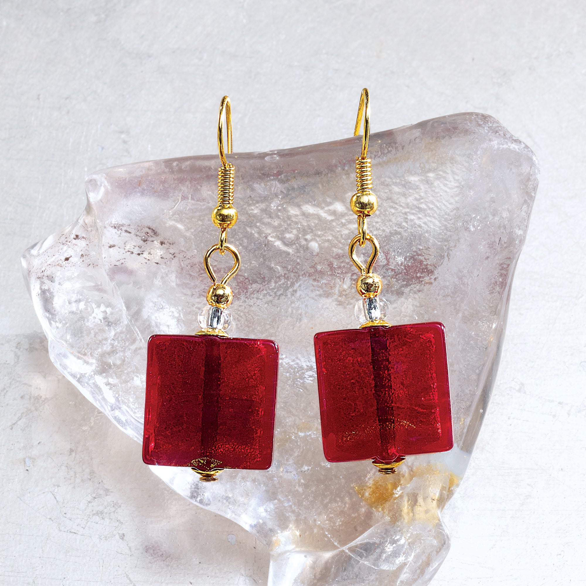 Spectacular Squares Red Murano Glass Earrings