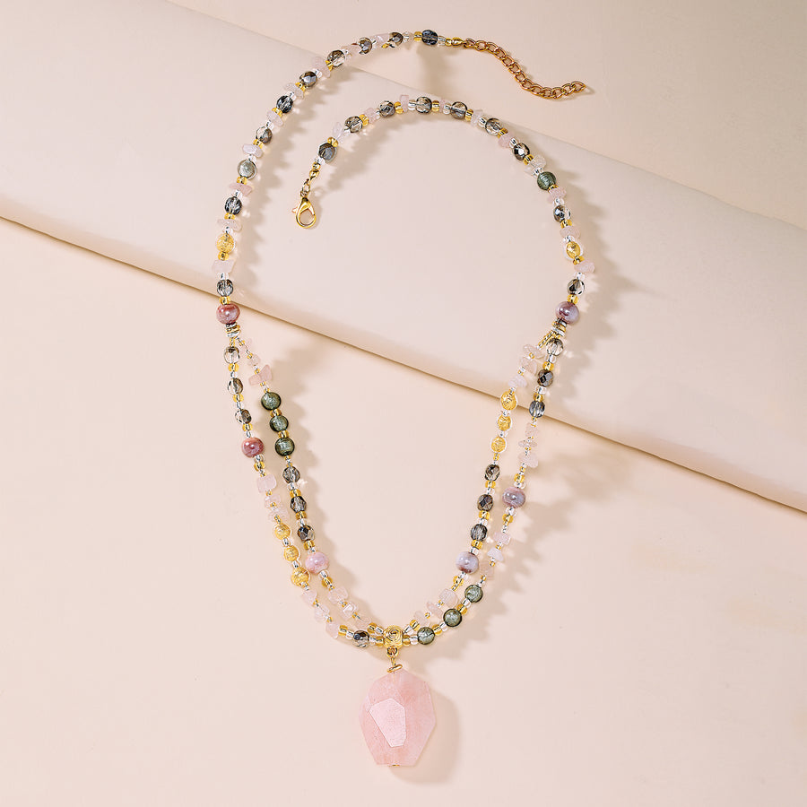 Radiant Rose Quartz & Murano Glass Double Strand Necklace