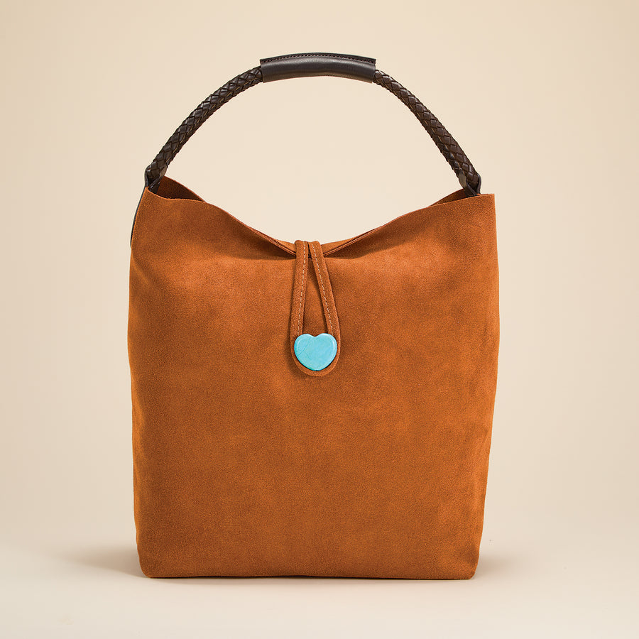 Umbria Cognac Florentine Suede Bucket Bag with Turquoise Heart