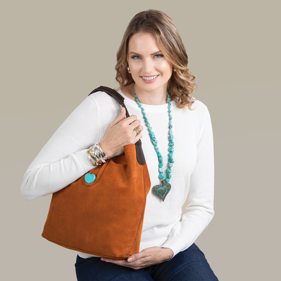 Umbria Cognac Florentine Suede Bucket Bag with Turquoise Heart