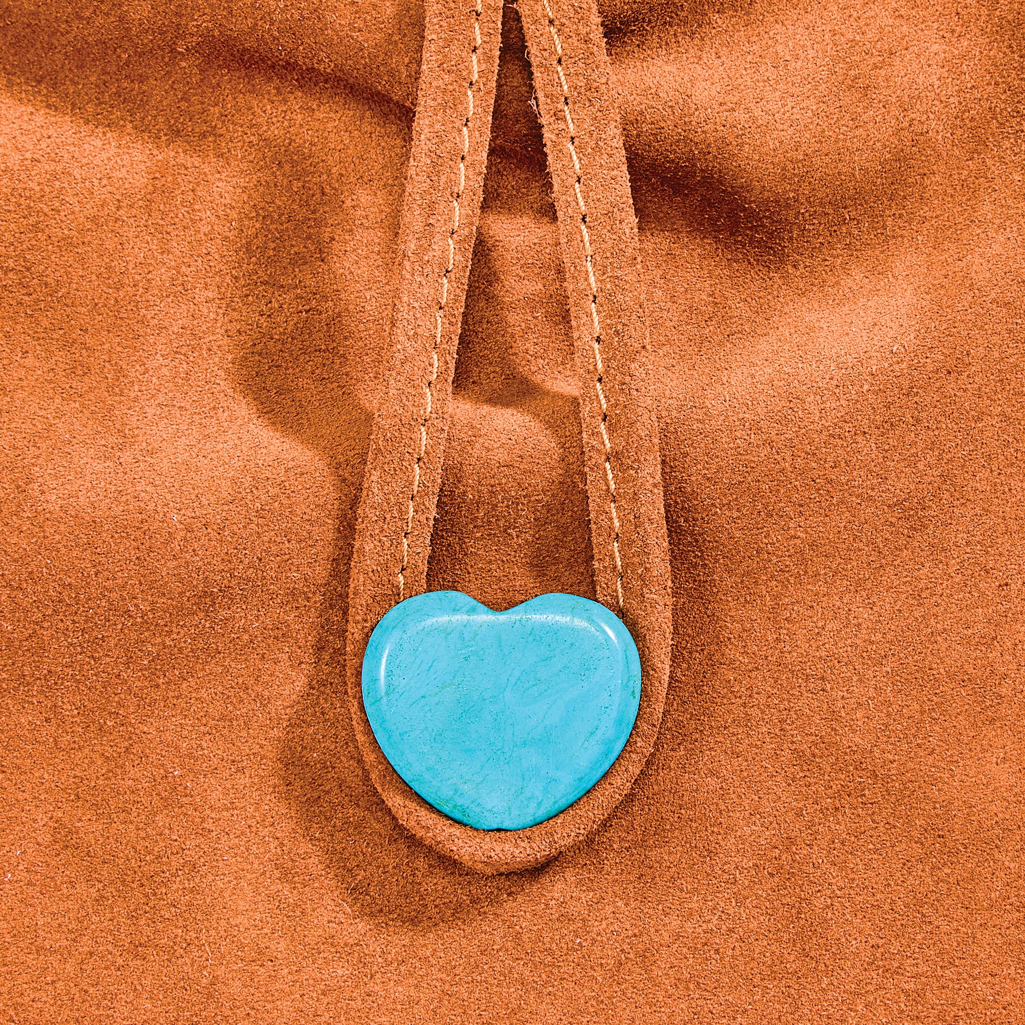 Umbria Cognac Florentine Suede Bucket Bag with Turquoise Heart