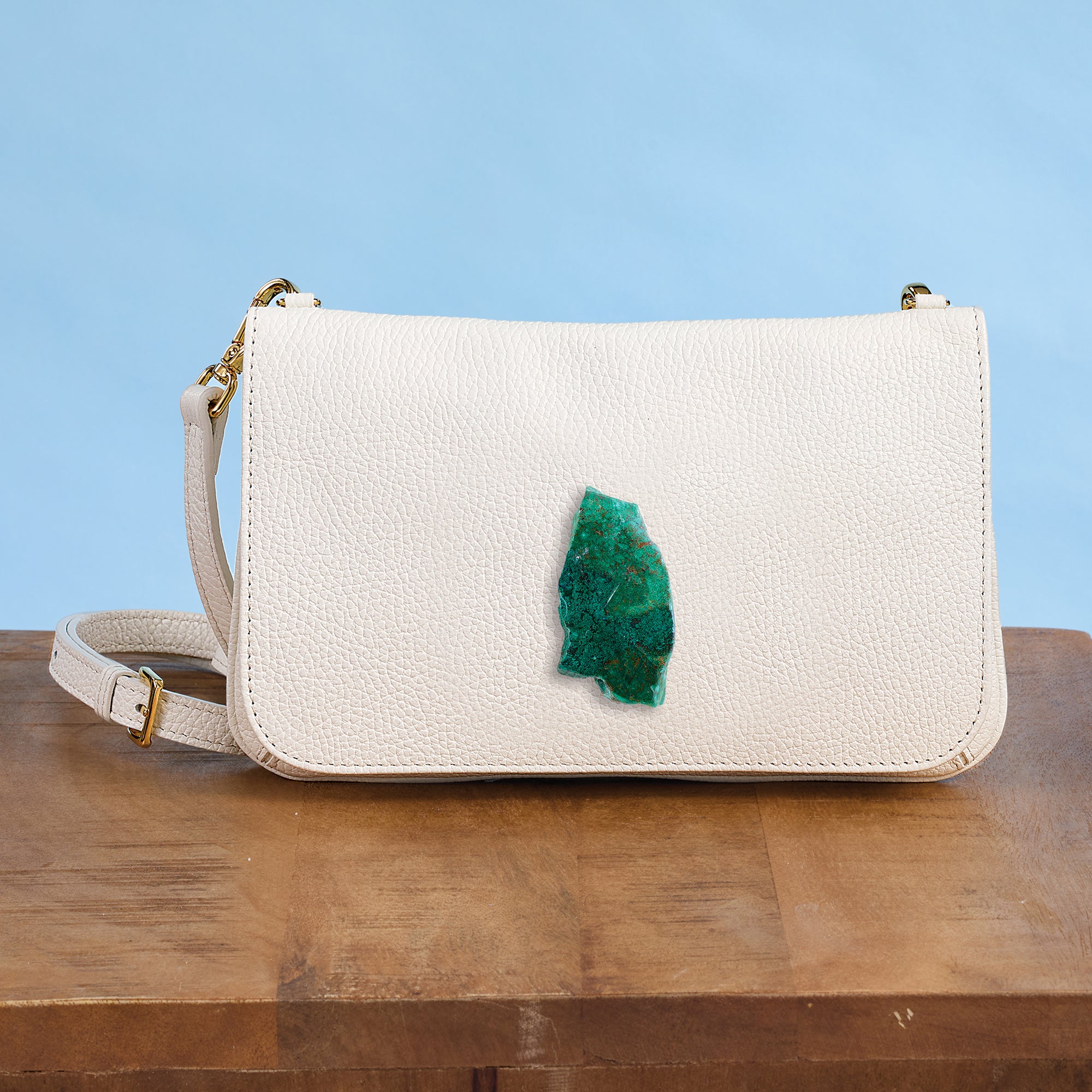 Ivory Florentine Leather Clutch With Green Apatite