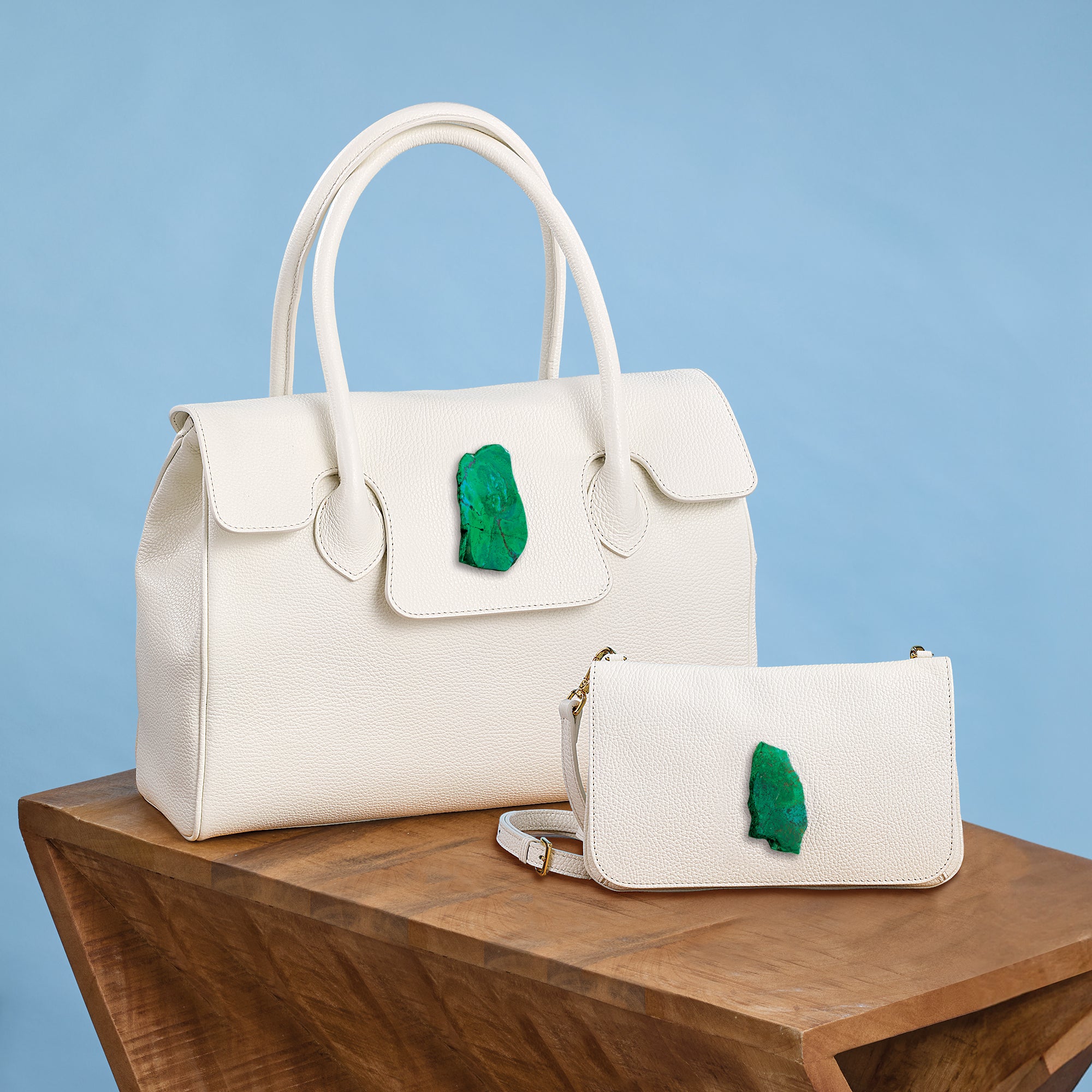 Ivory Florentine Leather Tote With Green Apatite