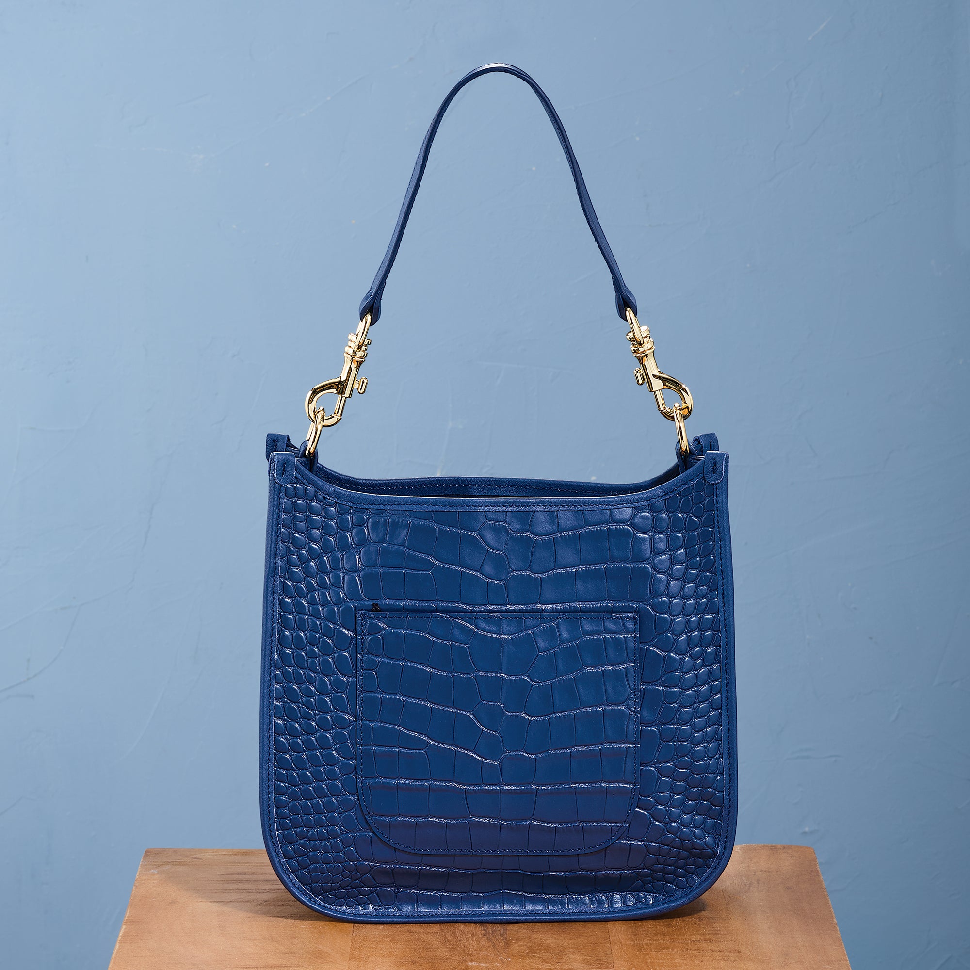 Navy Florentine Croco Leather Shoulder Bag