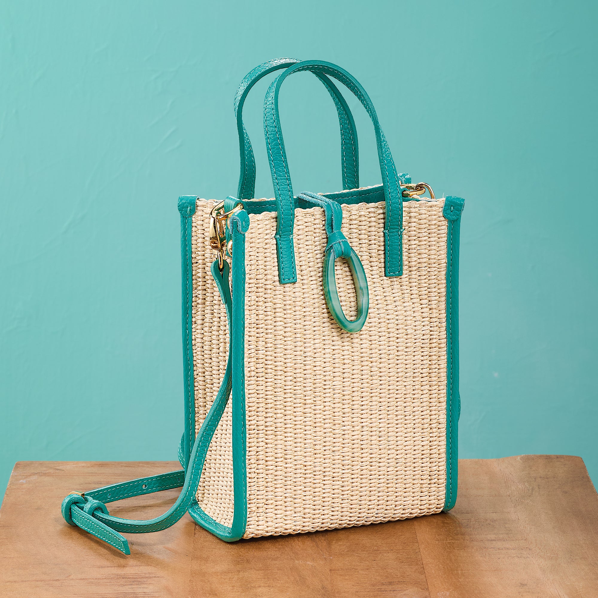 Turin Straw Mini Tote With Green Agate