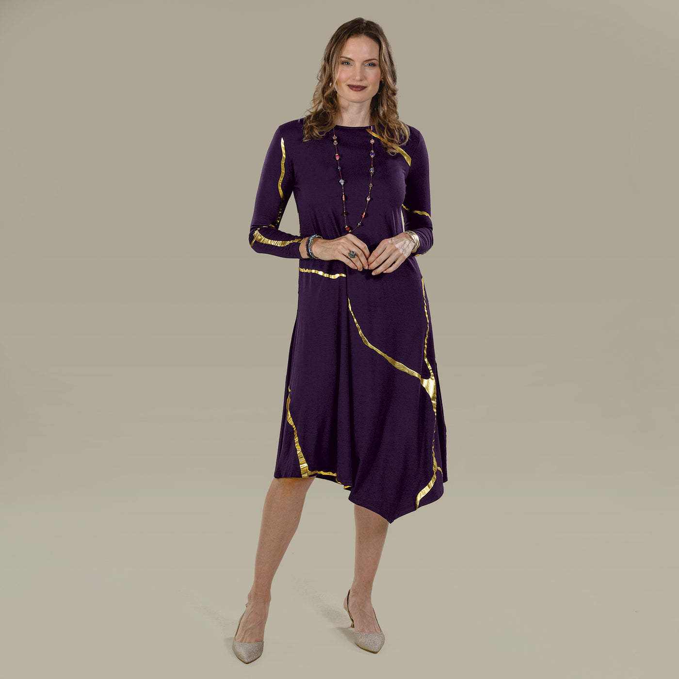 Kintsugi-Inspired Plum & Gold Dress