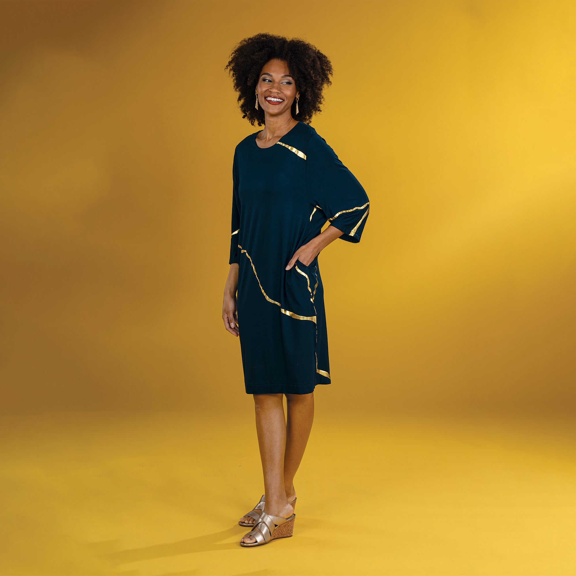 Kintsugi-Inspired Relaxed Fit Indigo & Gold Dress