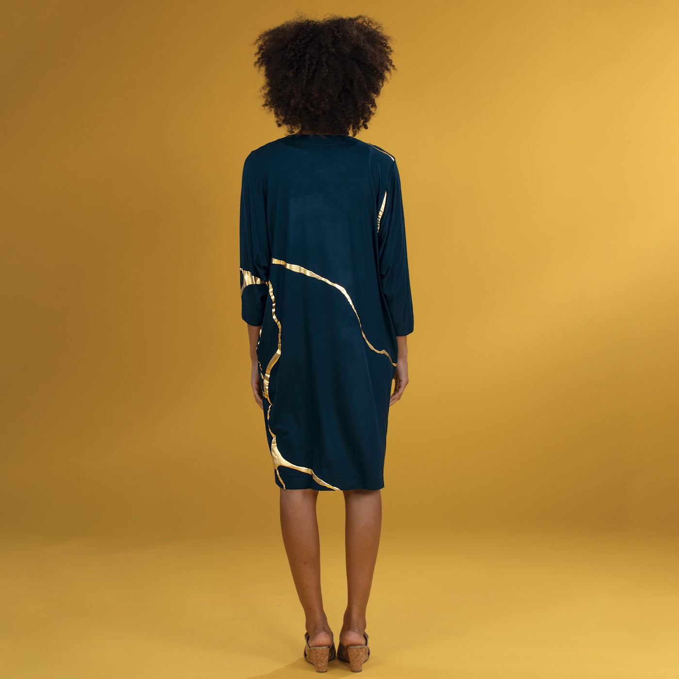 Kintsugi-Inspired Relaxed Fit Indigo & Gold Dress