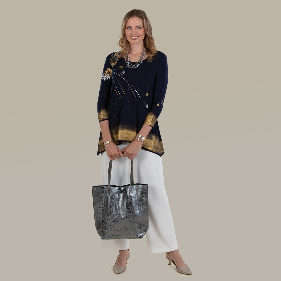 Francesca Metallic Silver Italian Leather Tote