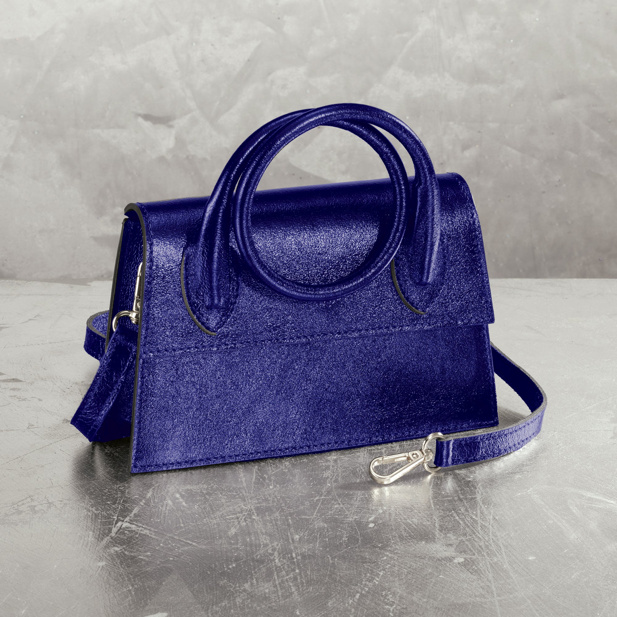 Carloforte Metallic Blue Italian Leather Mini Tote