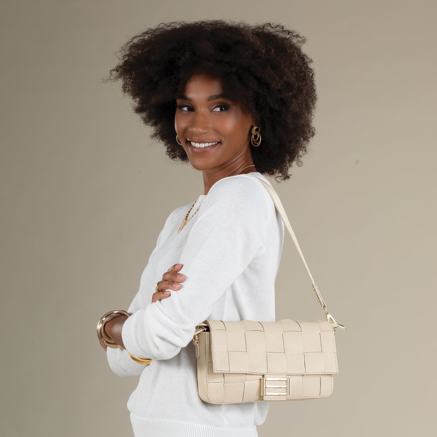 Cosenza Italian Leather Ivory Woven Shoulder Bag