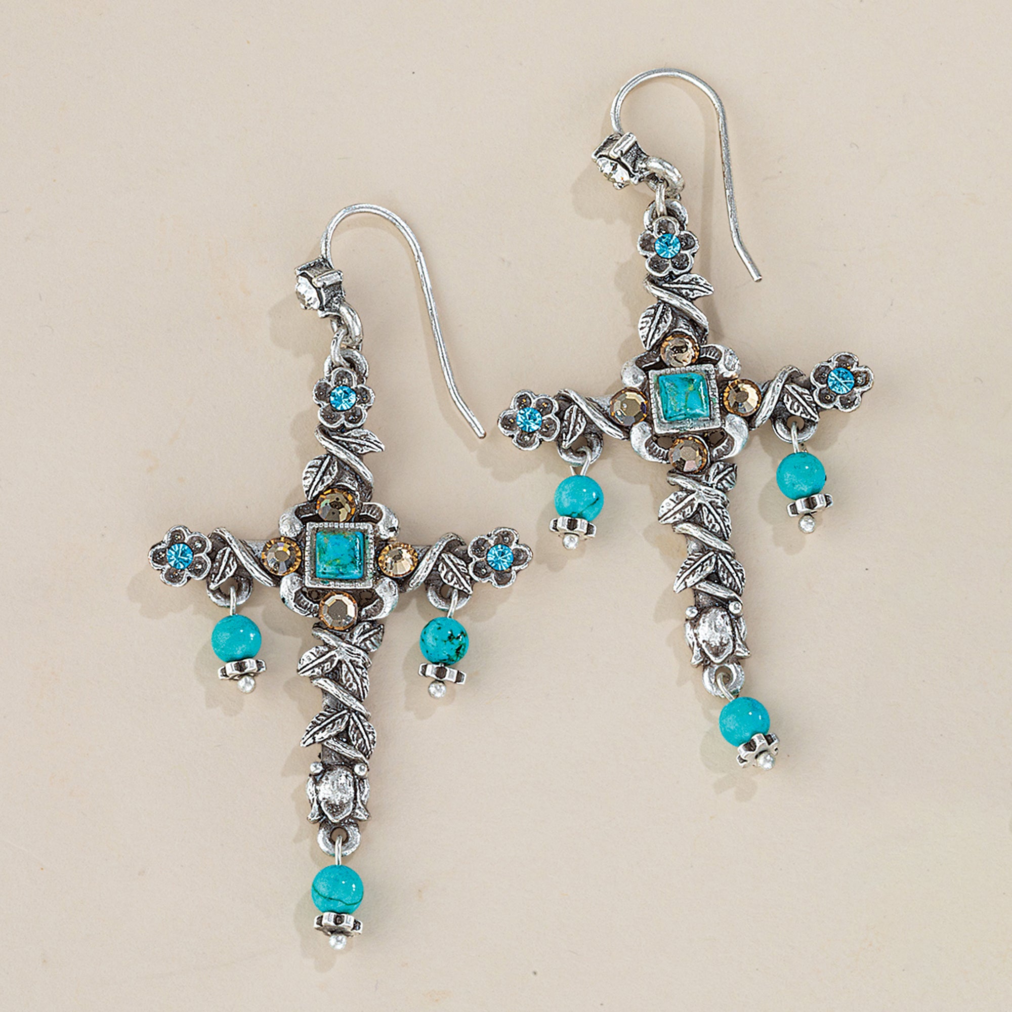 Southwest Love Floral Vines Turquoise Cross Earrings