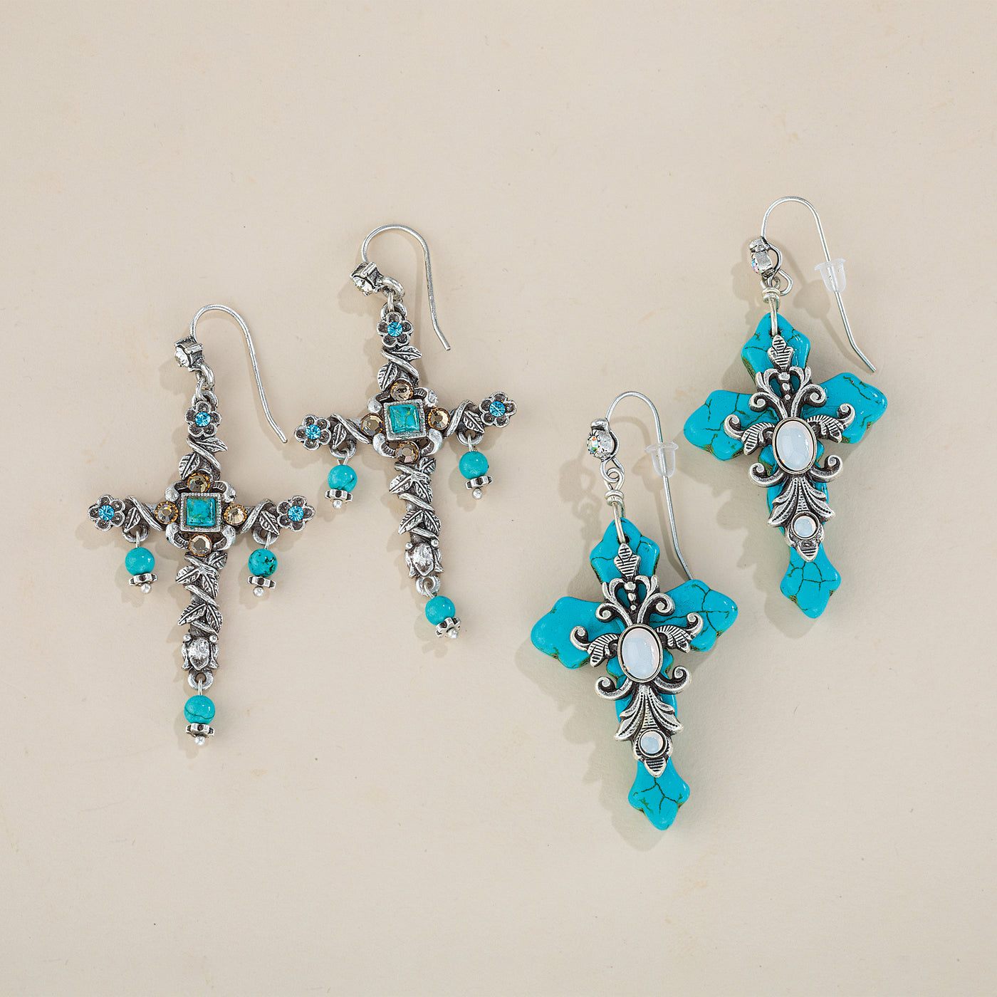 Southwest Love Floral Vines Turquoise Cross Earrings