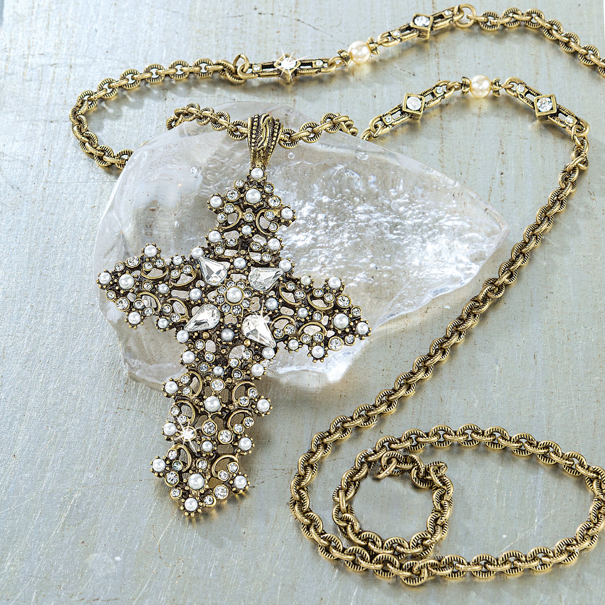 Renaissance Lace Crystal & Pearl Cross Necklace