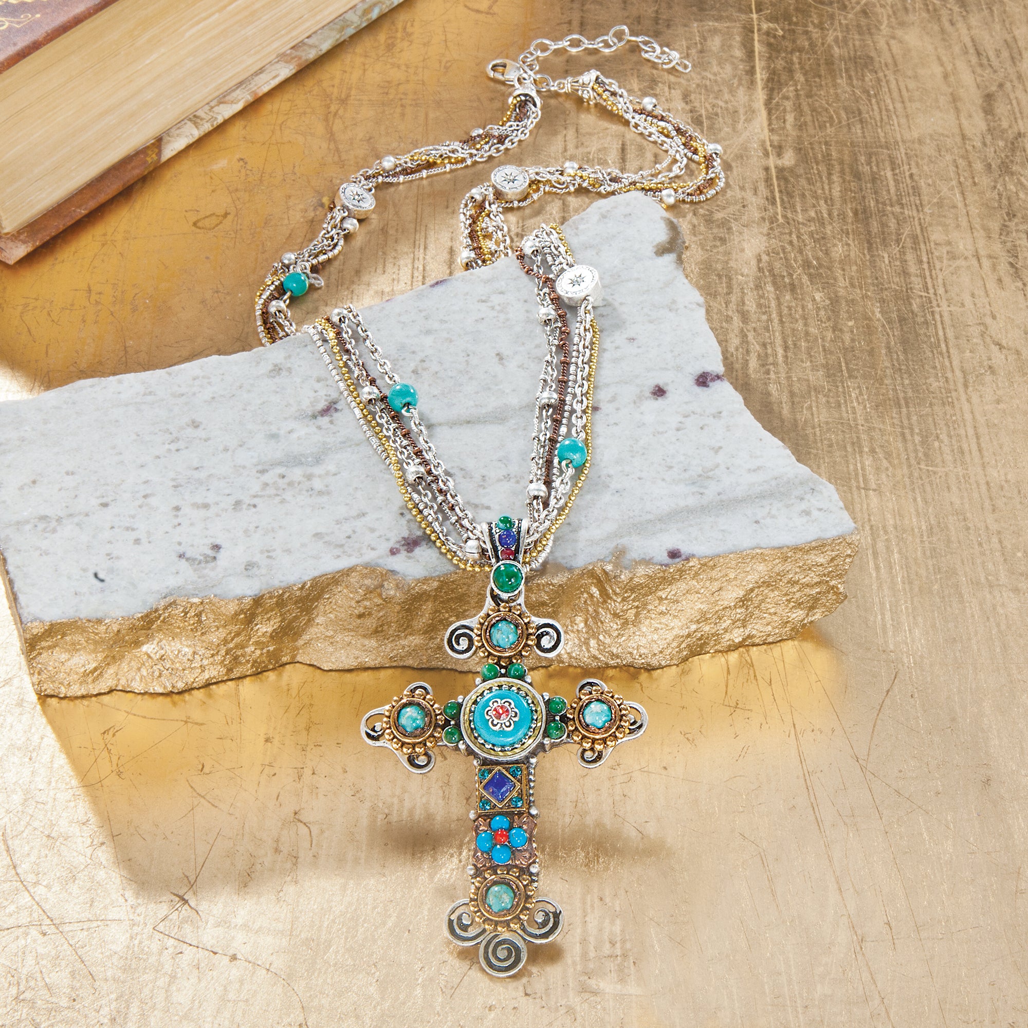 Timeless Beauty Turquoise & Coral Cross Necklace