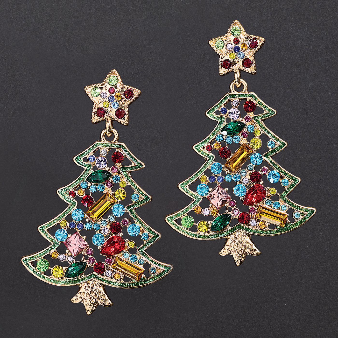 Crystal Encrusted Colorful Christmas Tree Earrings