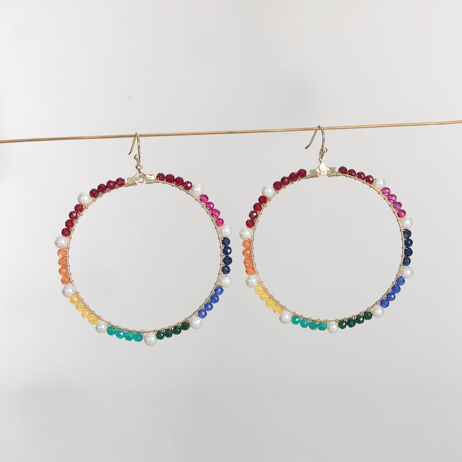 Hand-Beaded Rainbow Crystal & Pearl Hoop Earrings