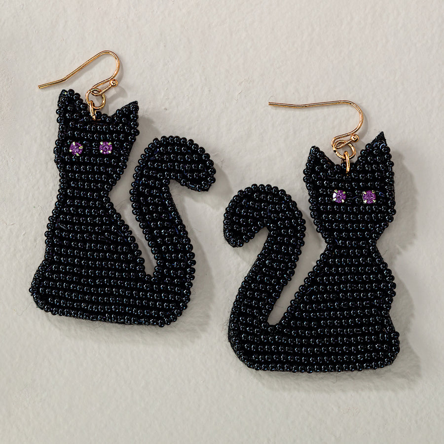 Hand-Beaded Black Cat Earrings