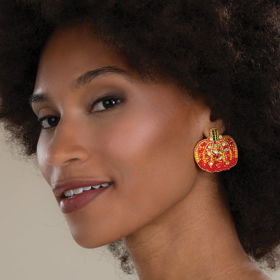 Hand-Beaded Crystal Pumpkin Earrings