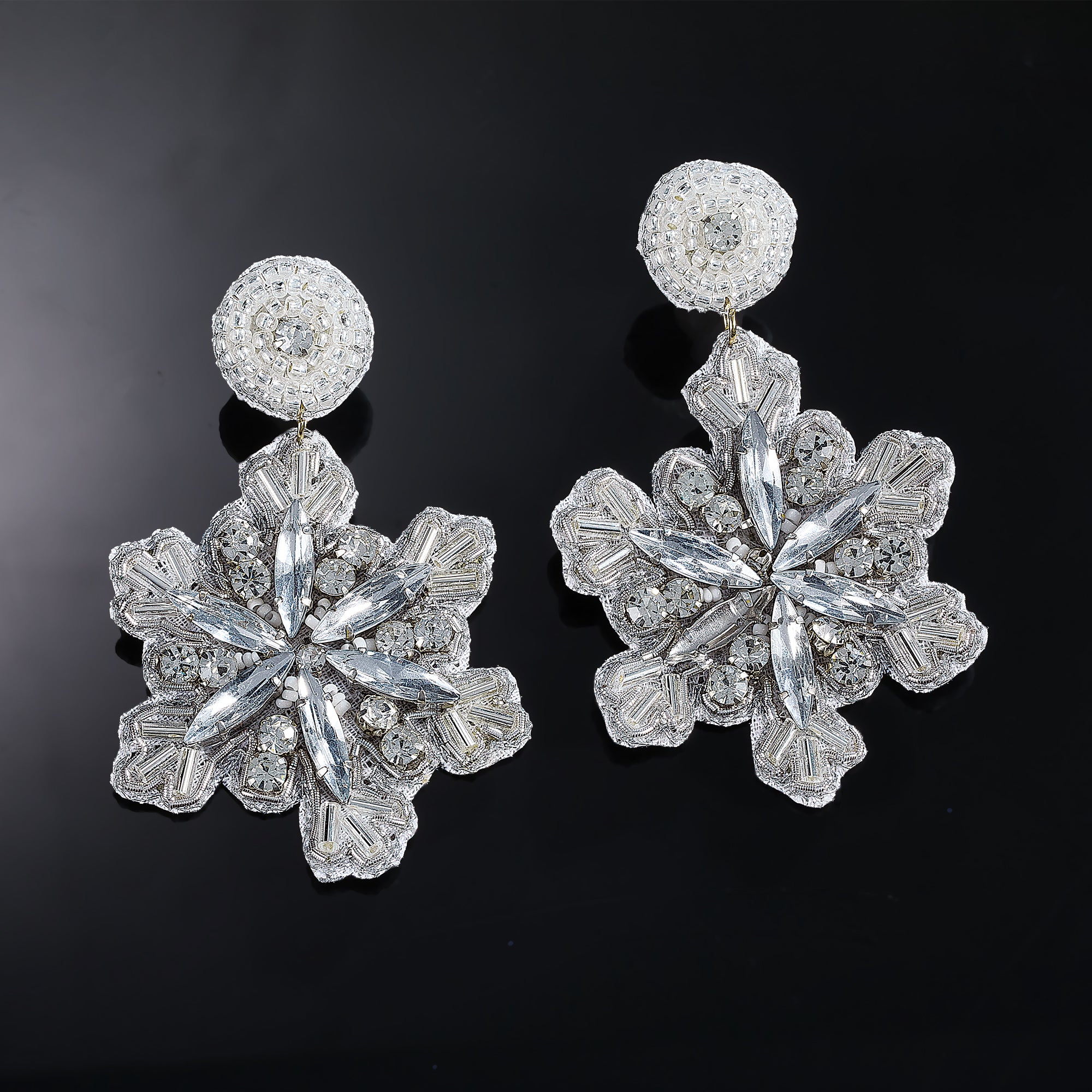 Hand-Beaded Silver Snowflake Earrings