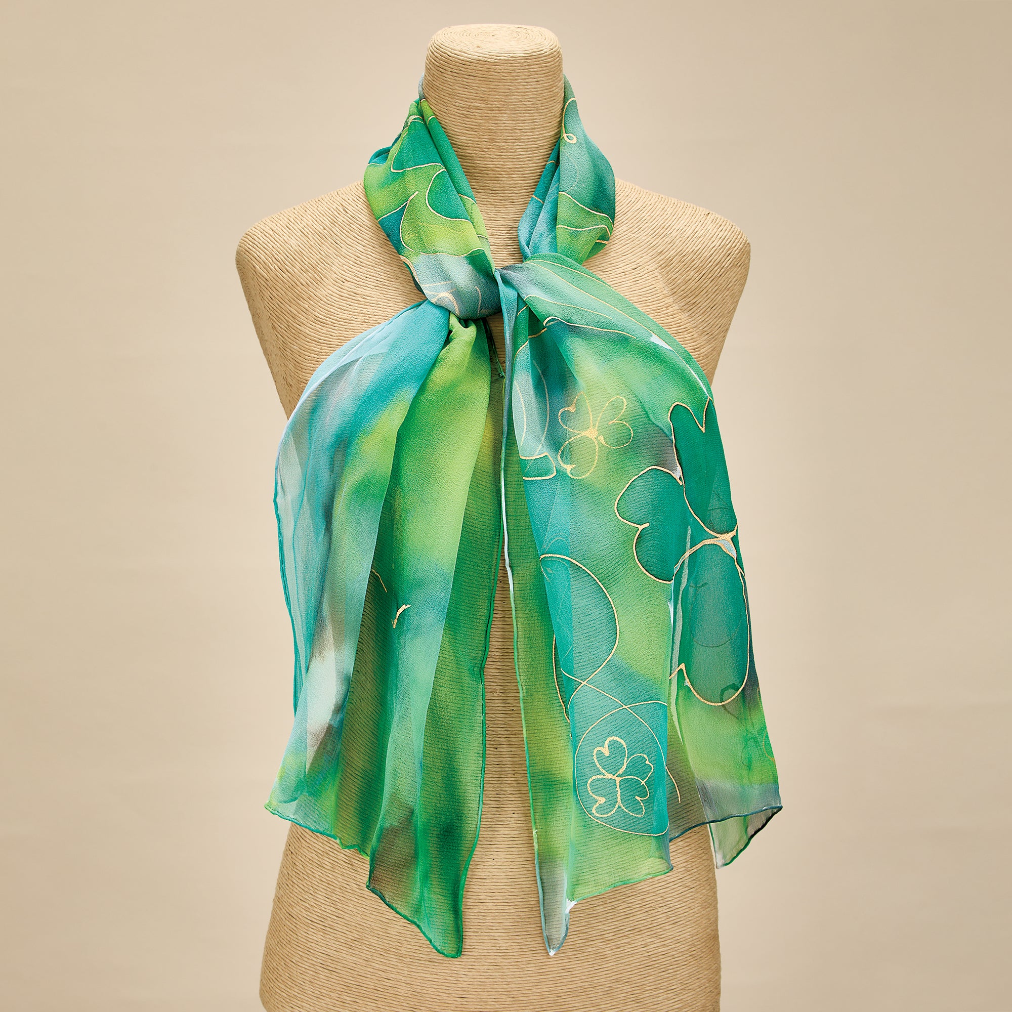 Hand-Painted Charming Clovers Silk Scarf